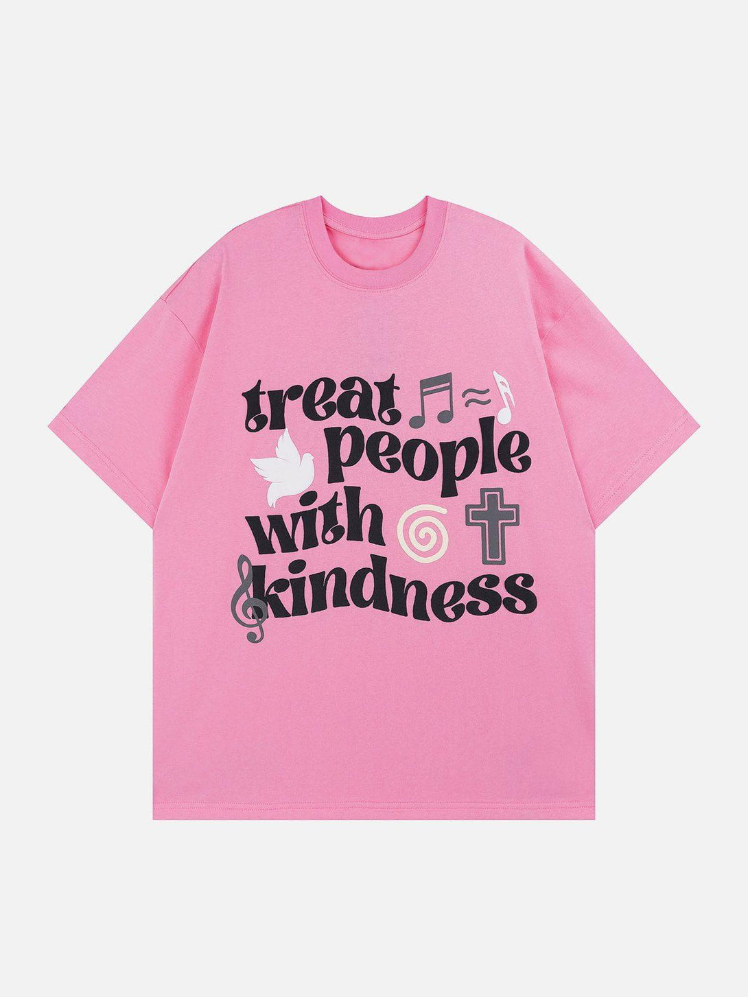 Pink tee by TALISHKO featuring a "treat people with kindness" print and music elements design.