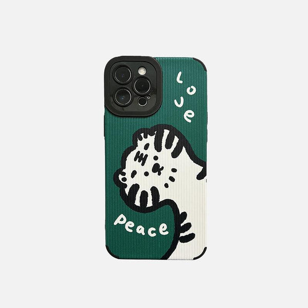 TALISHKO phone case featuring a peace and love design with a tiger motif in a green and white color scheme.
