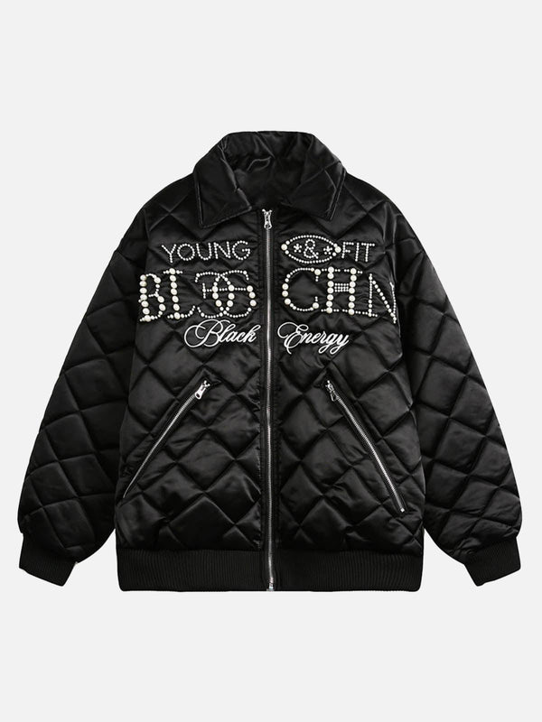 Front view of a black diamond quilted jacket with pearl lettering by TALISHKO, exuding urban style.