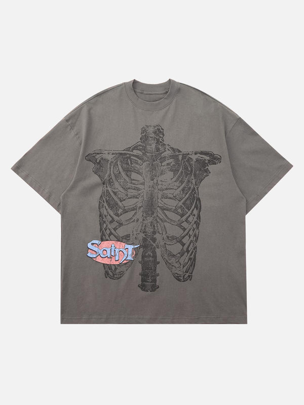 Gray T-shirt by TALISHKO featuring a bold ribcage design on the front, perfect for edgy style.