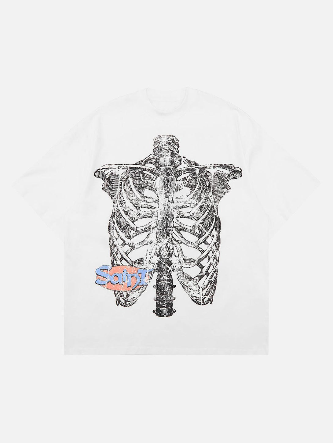 White TALISHKO T-shirt with a striking ribcage graphic on the front, ideal for casual street style.