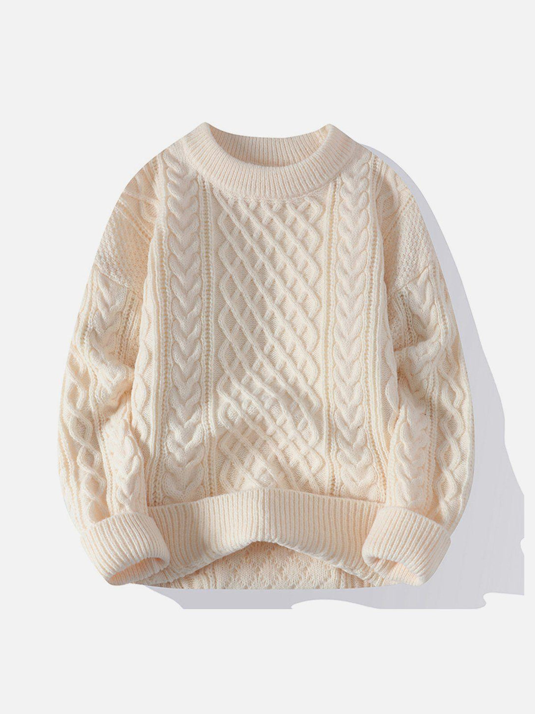 Cozy beige knit sweater by TALISHKO featuring a classic cable pattern in a front view.