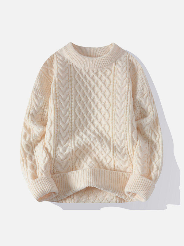 Cozy beige knit sweater by TALISHKO featuring a classic cable pattern in a front view.