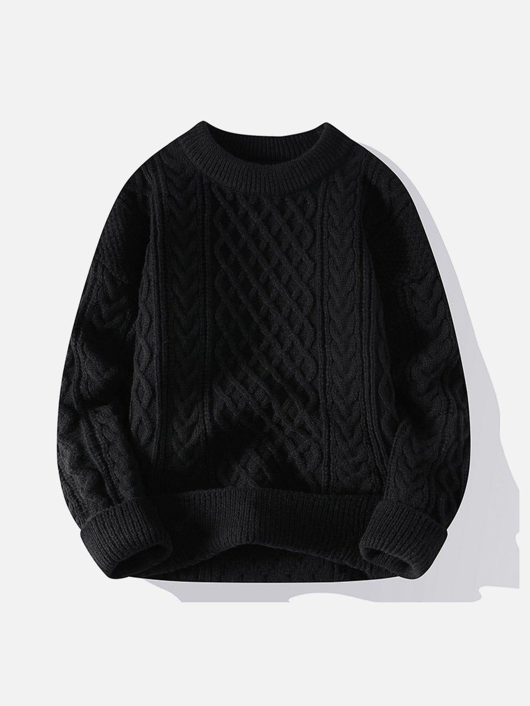 Front view of TALISHKO's black knit sweater, featuring a stylish cable twist pattern.