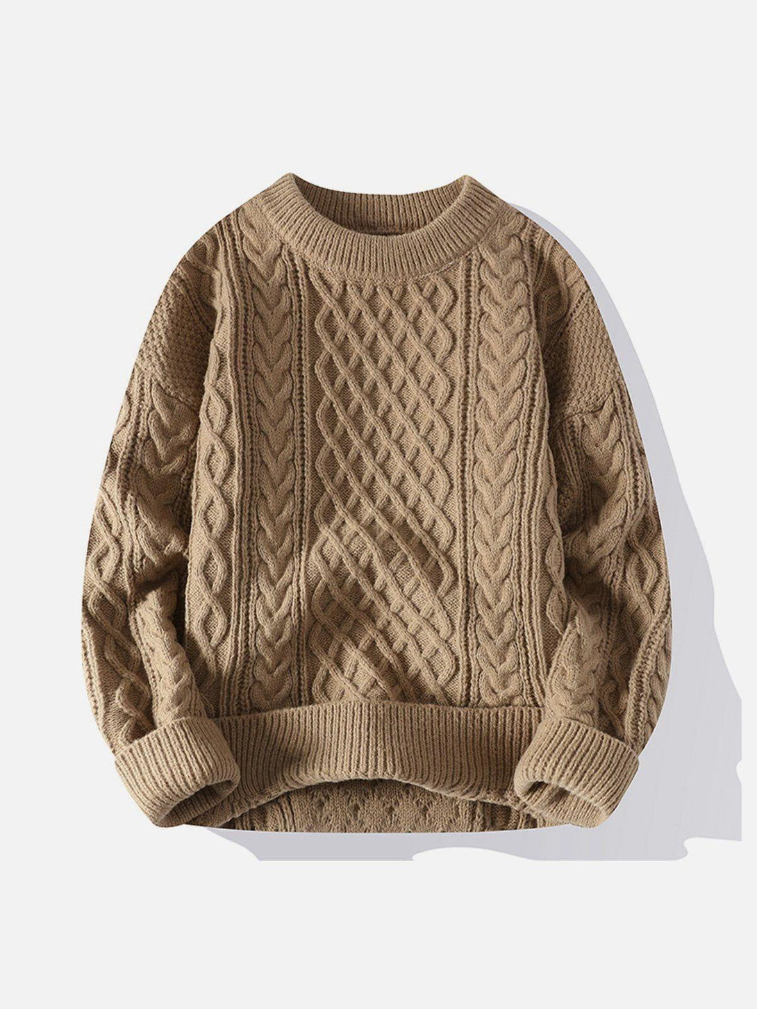 Front view of TALISHKO's coffee cable knit sweater, highlighting its intricate pattern and cozy style.