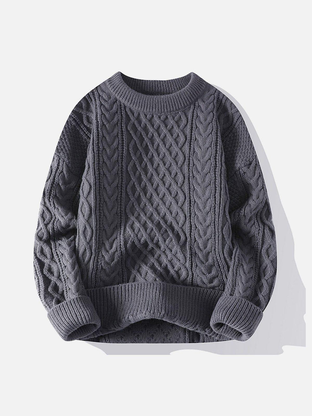 Front view of TALISHKO's gray knit sweater, featuring a unique cable twist pattern.
