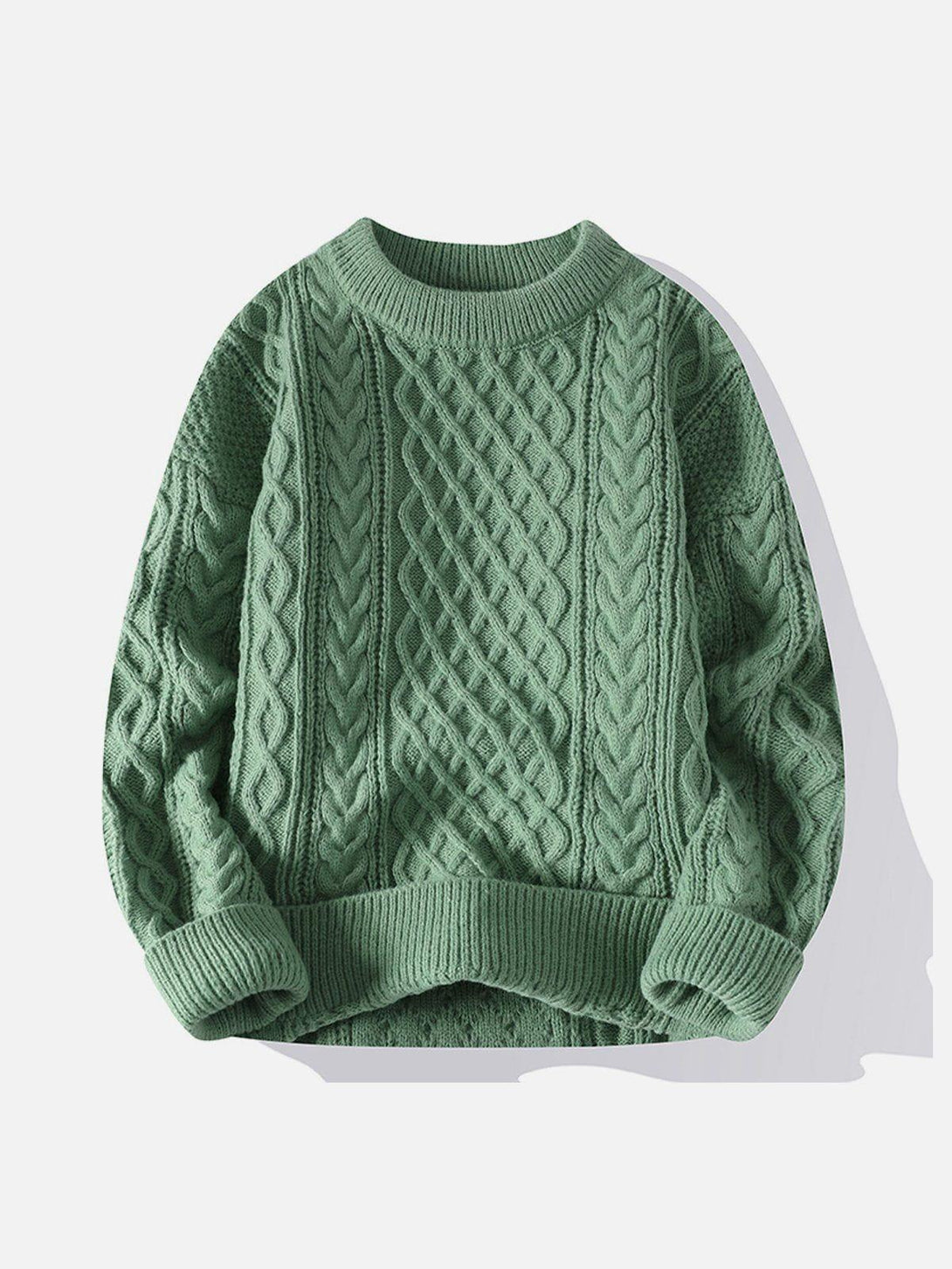 Front view of TALISHKO's green knit sweater, showcasing a unique cable twist pattern.