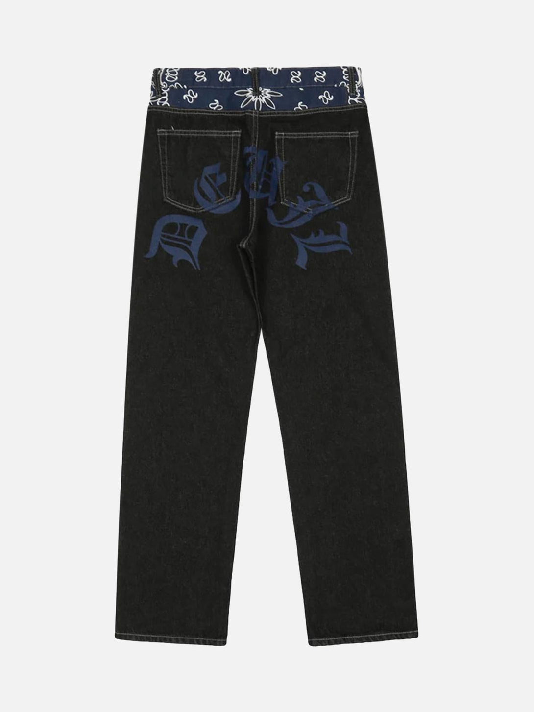 Back view of TALISHKO Petal Letter straight jeans with blue graphic detail and patterned waistband.