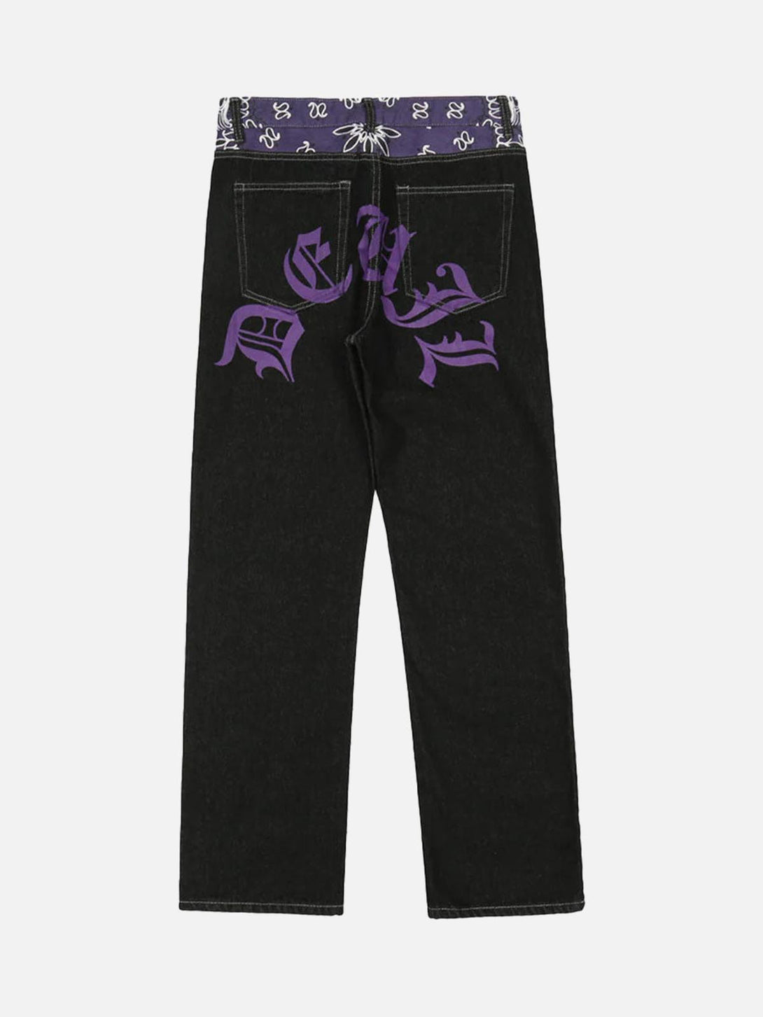 Back view of TALISHKO Petal Letter jeans with purple graphic detail and patterned waistband.