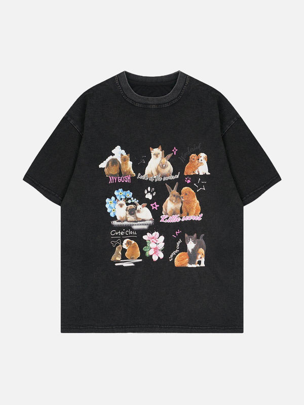 Front view of black pets print tee by TALISHKO, featuring cute animal graphics for a playful look.
