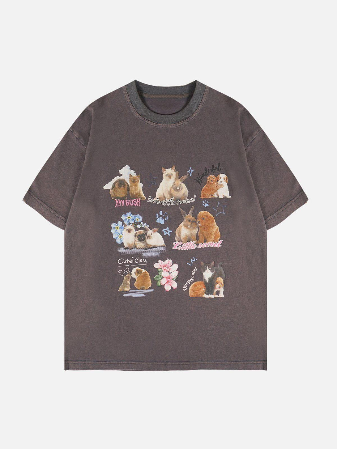 Front view of brown pets print tee by TALISHKO, showcasing adorable animal graphics for a playful touch.