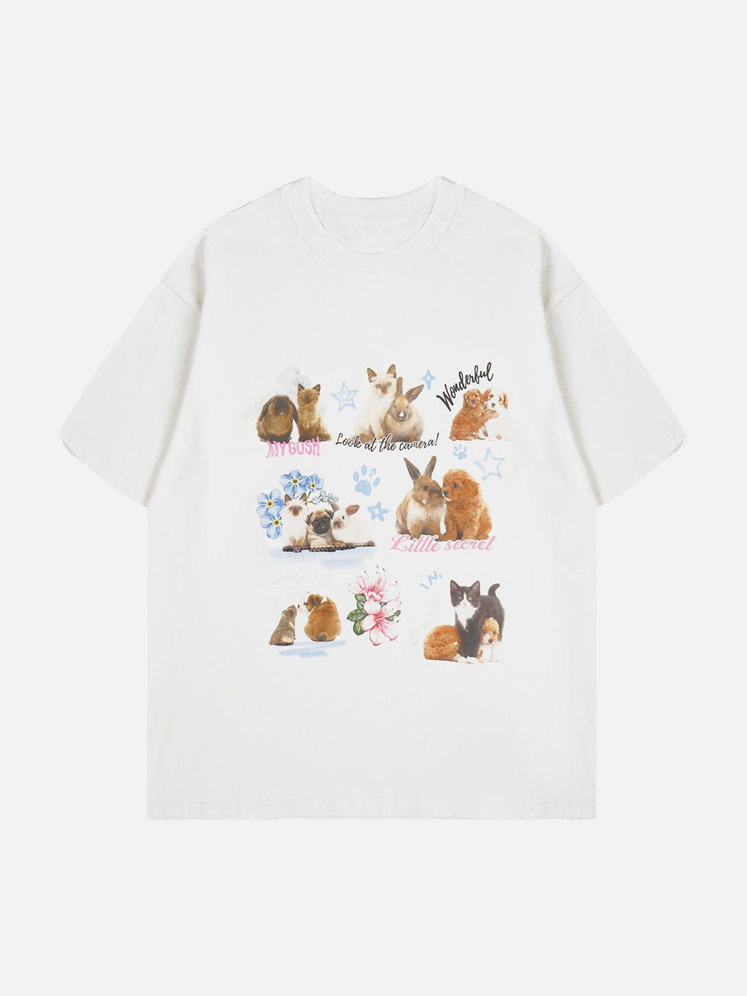 Front view of white pets print tee by TALISHKO, featuring charming animal graphics for a fun vibe.
