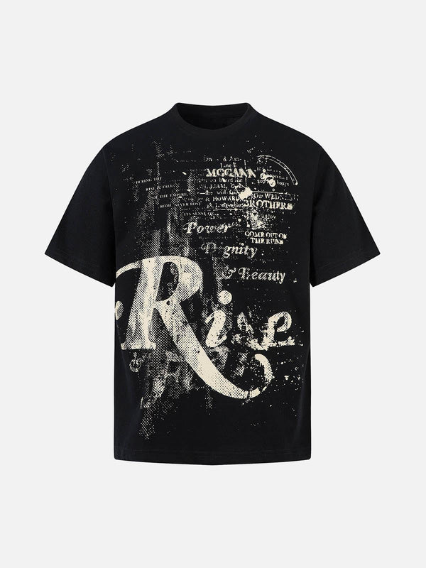 Black T-shirt featuring a bold letter print design, front view, by TALISHKO.