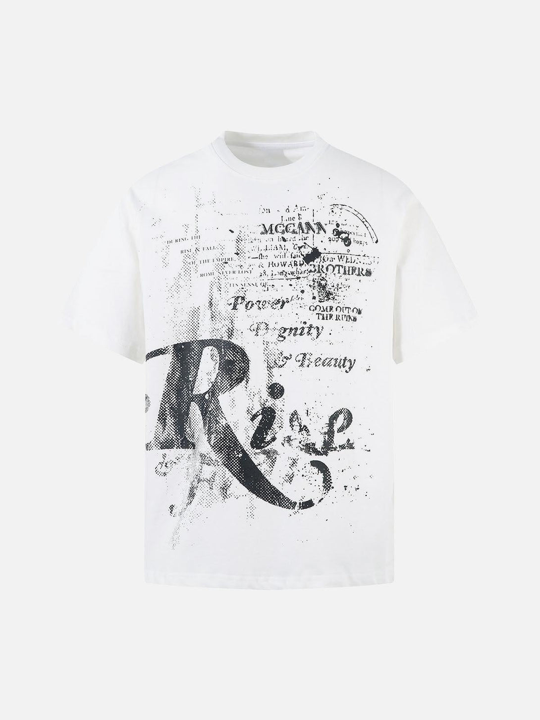 White T-shirt with abstract letter print, front view, designed by TALISHKO.