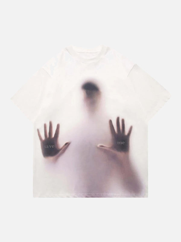 Front view of a white phantom portrait printed T-shirt by TALISHKO, featuring a haunting design.