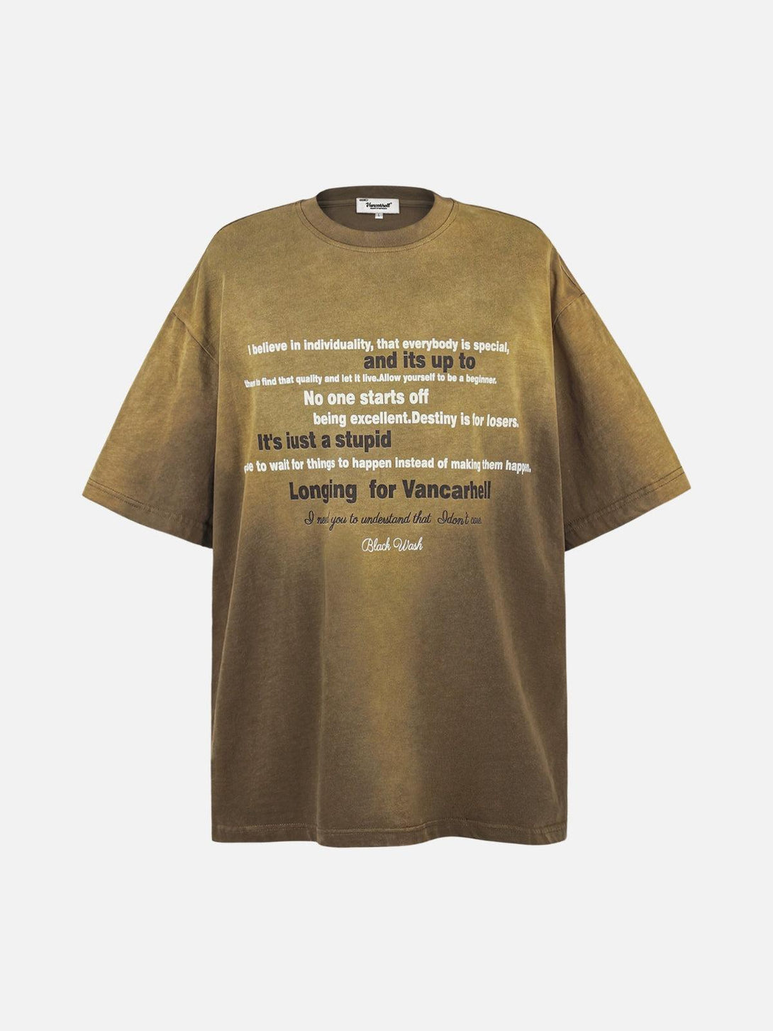 Front view of a brown TALISHKO typographic tee, great for relaxed, sunny-day outfits.