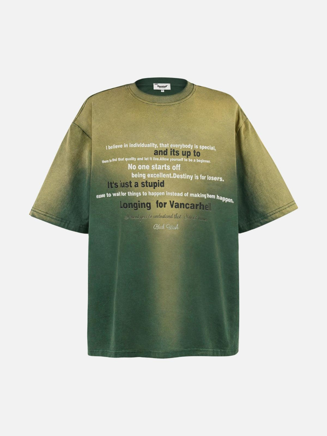 Front view of a green TALISHKO typographic tee, ideal for laid-back, warm-weather looks.