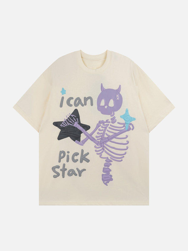 Front view of apricot graphic tee by TALISHKO featuring a playful skeleton and star design.