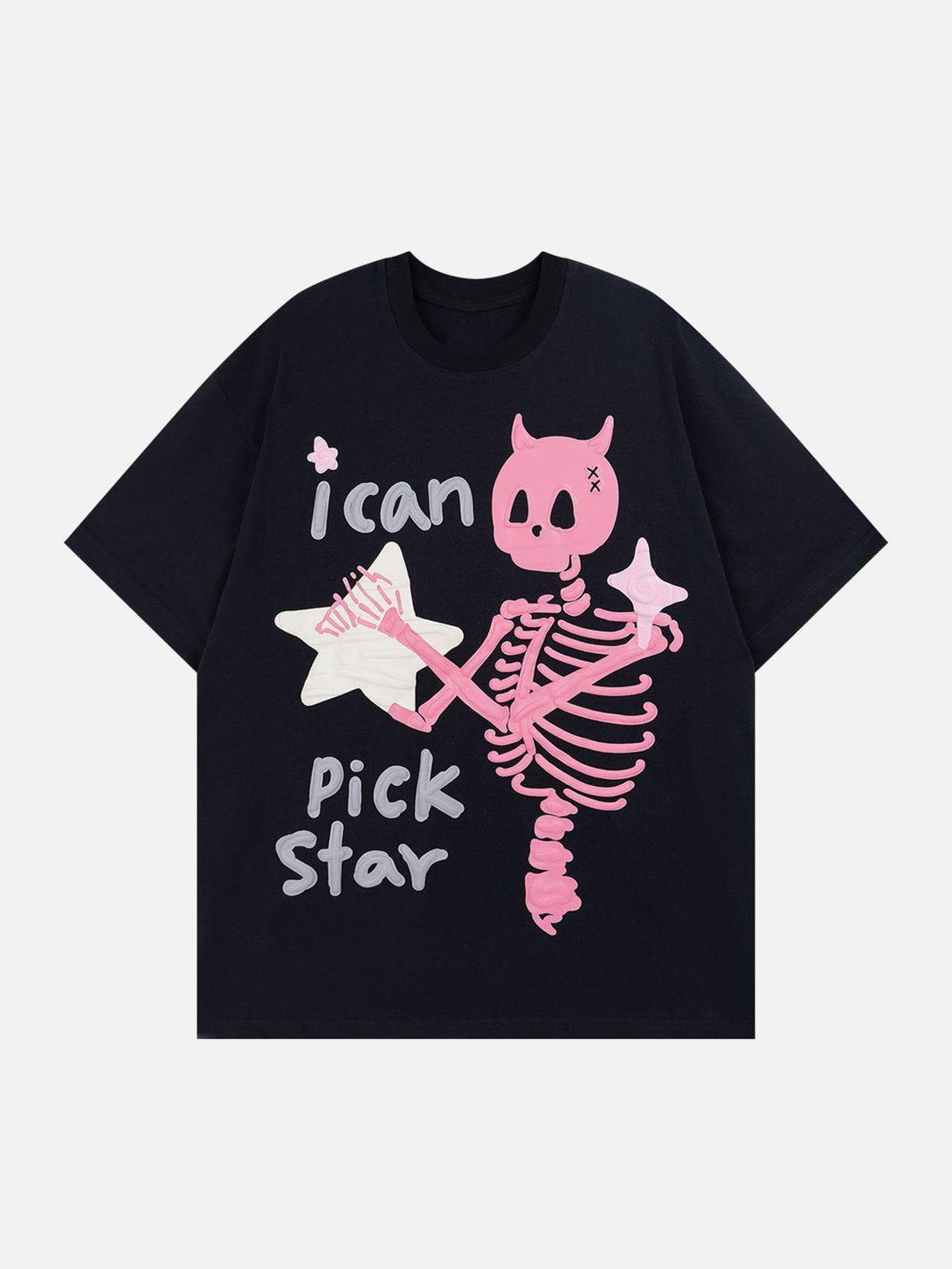 Front view of black graphic tee by TALISHKO featuring a playful skeleton and star motif.