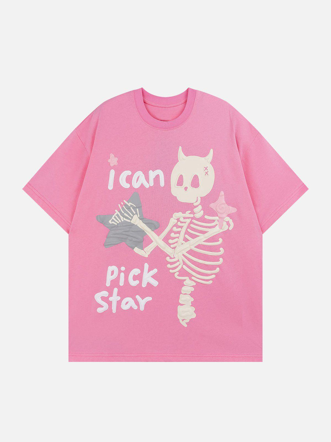 Front view of pink graphic tee by TALISHKO with whimsical skeleton and star design.