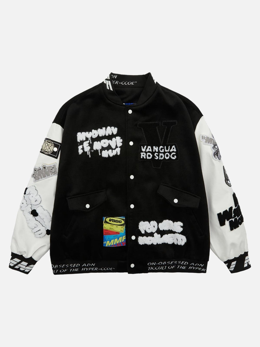 Front view of a black varsity jacket by TALISHKO with bold patches and hip hop flair.