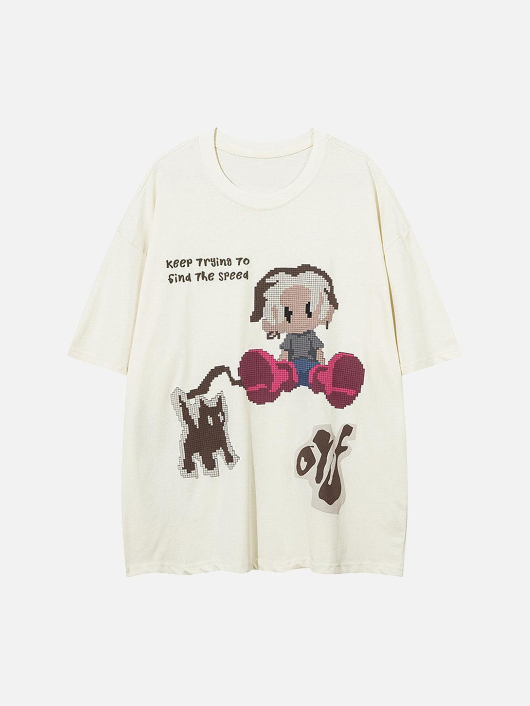 Front view of an apricot TALISHKO T-shirt with playful pixel art and cartoon graphics.