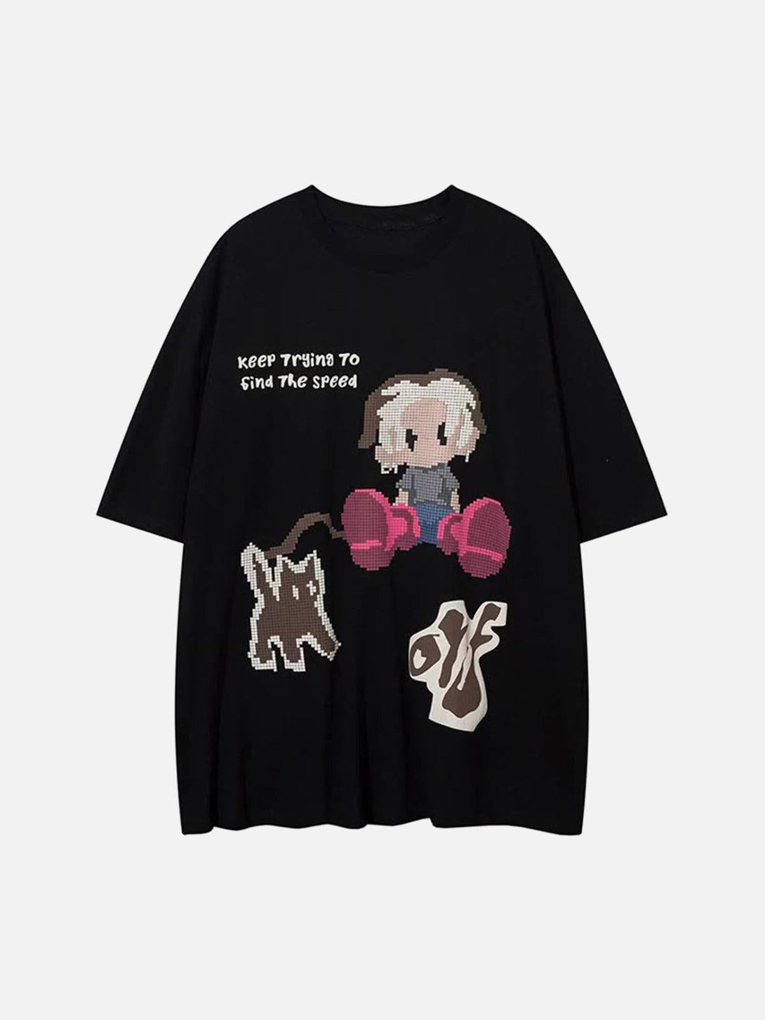 Front view of a black TALISHKO T-shirt featuring playful pixel art and cartoon graphics.