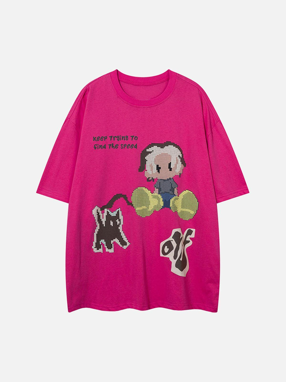 Front view of a rose TALISHKO T-shirt showcasing playful pixel art and cartoon graphics.