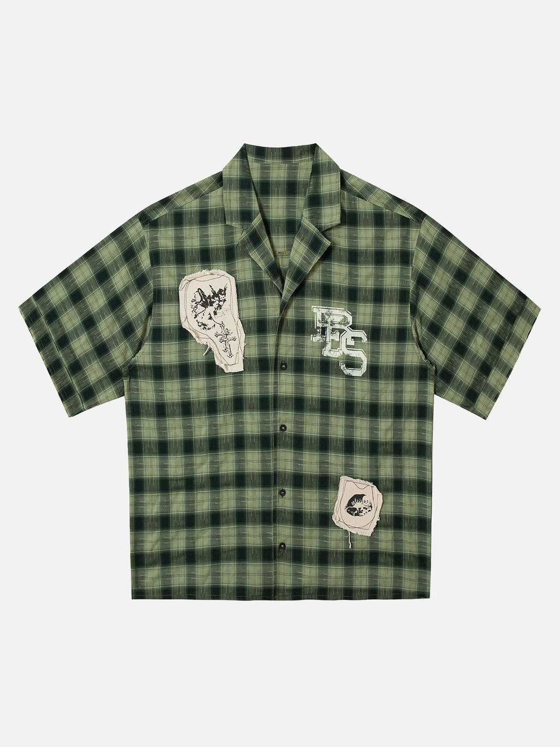 Green plaid short sleeve shirt with appliques by TALISHKO, front view showcasing unique style.