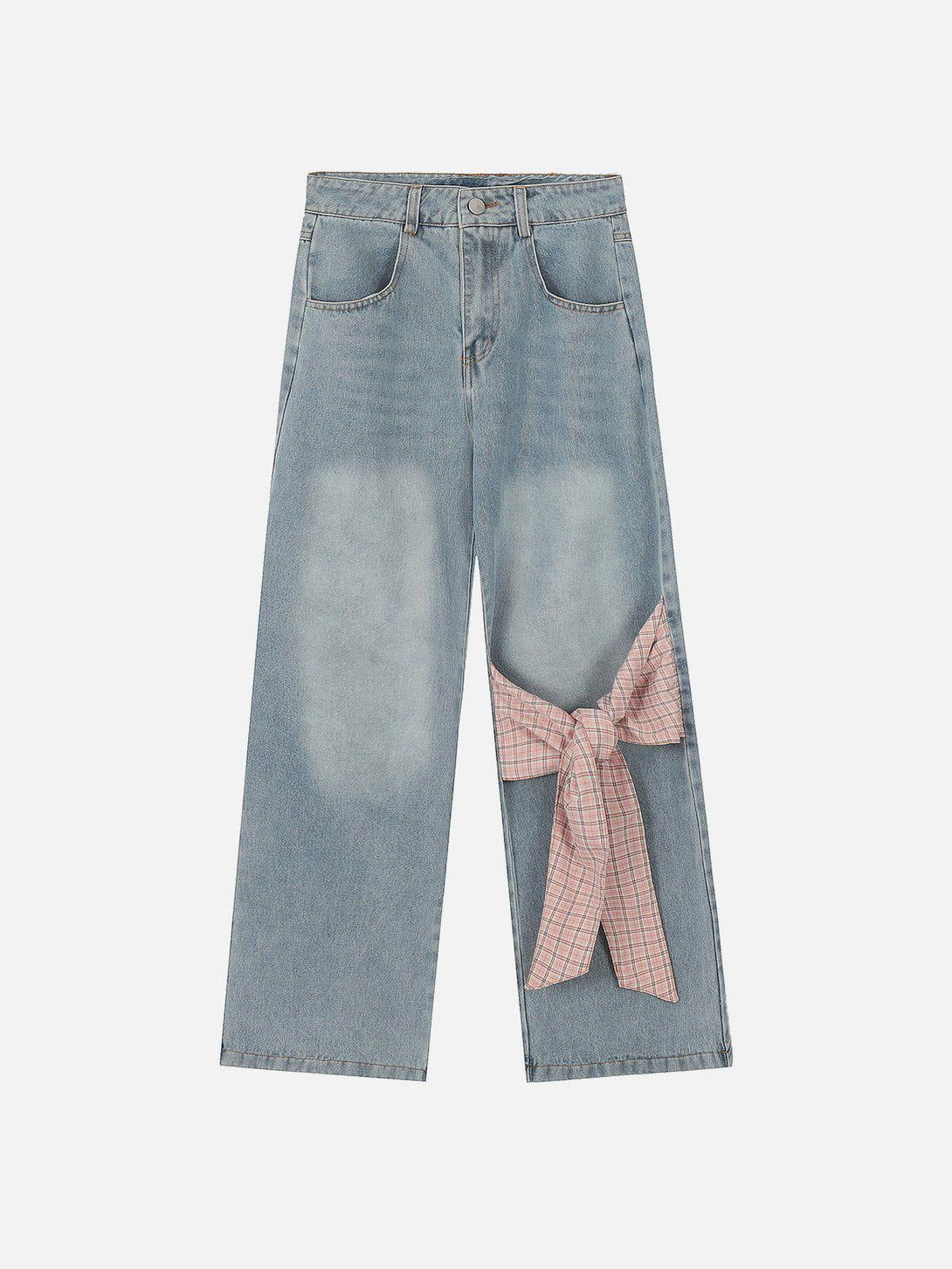 Front view of TALISHKO blue loose jeans featuring a stylish plaid bow detail.