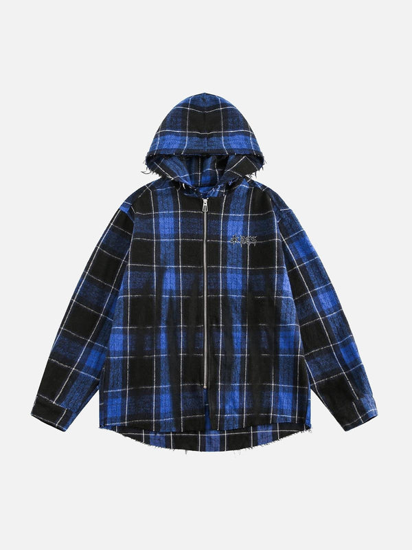 Front view of a blue plaid hooded shirt by TALISHKO, perfect for casual street style.