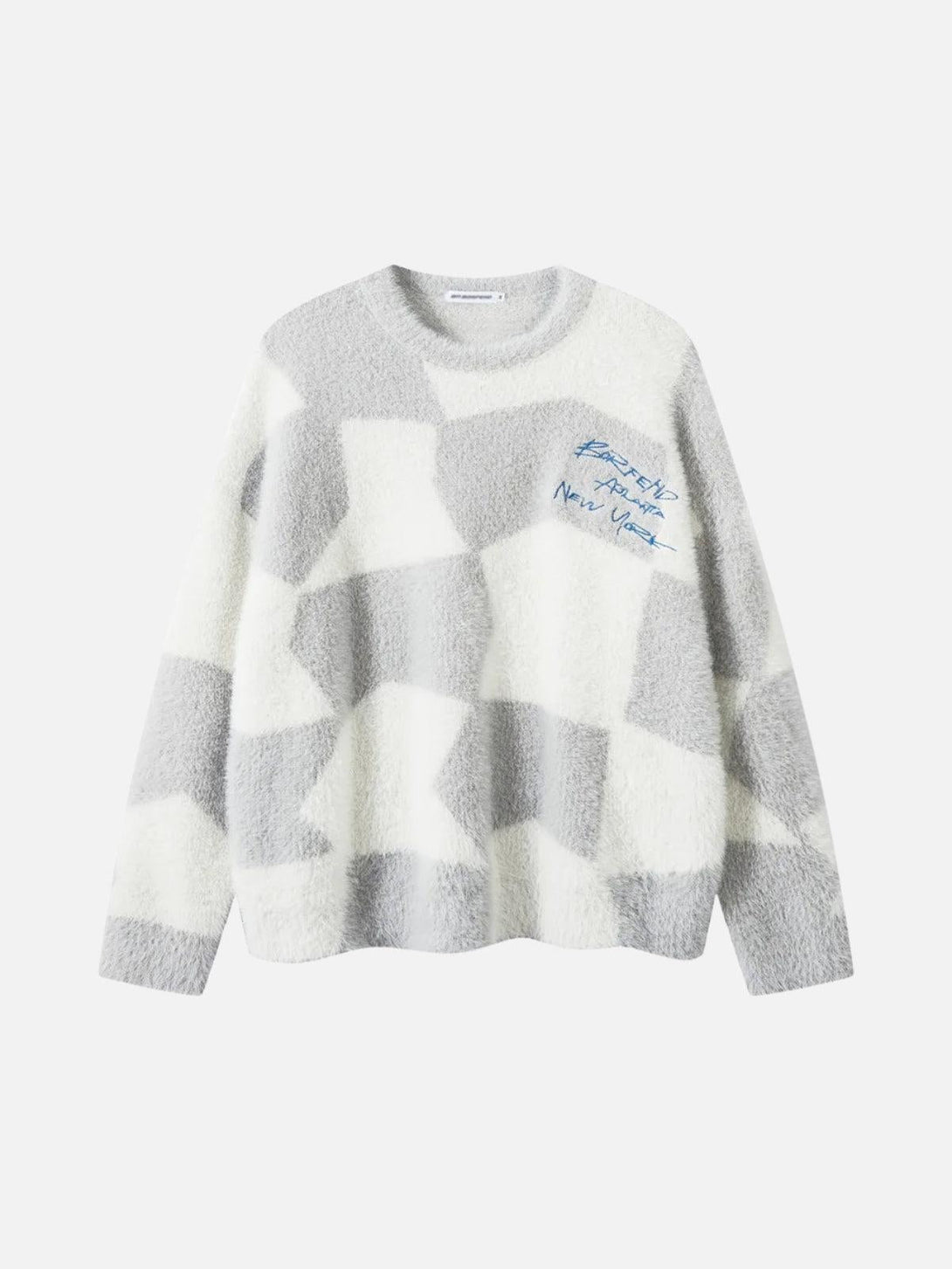 Front view of TALISHKO plaid embroidered sweater in beige, showcasing cozy street-inspired style.