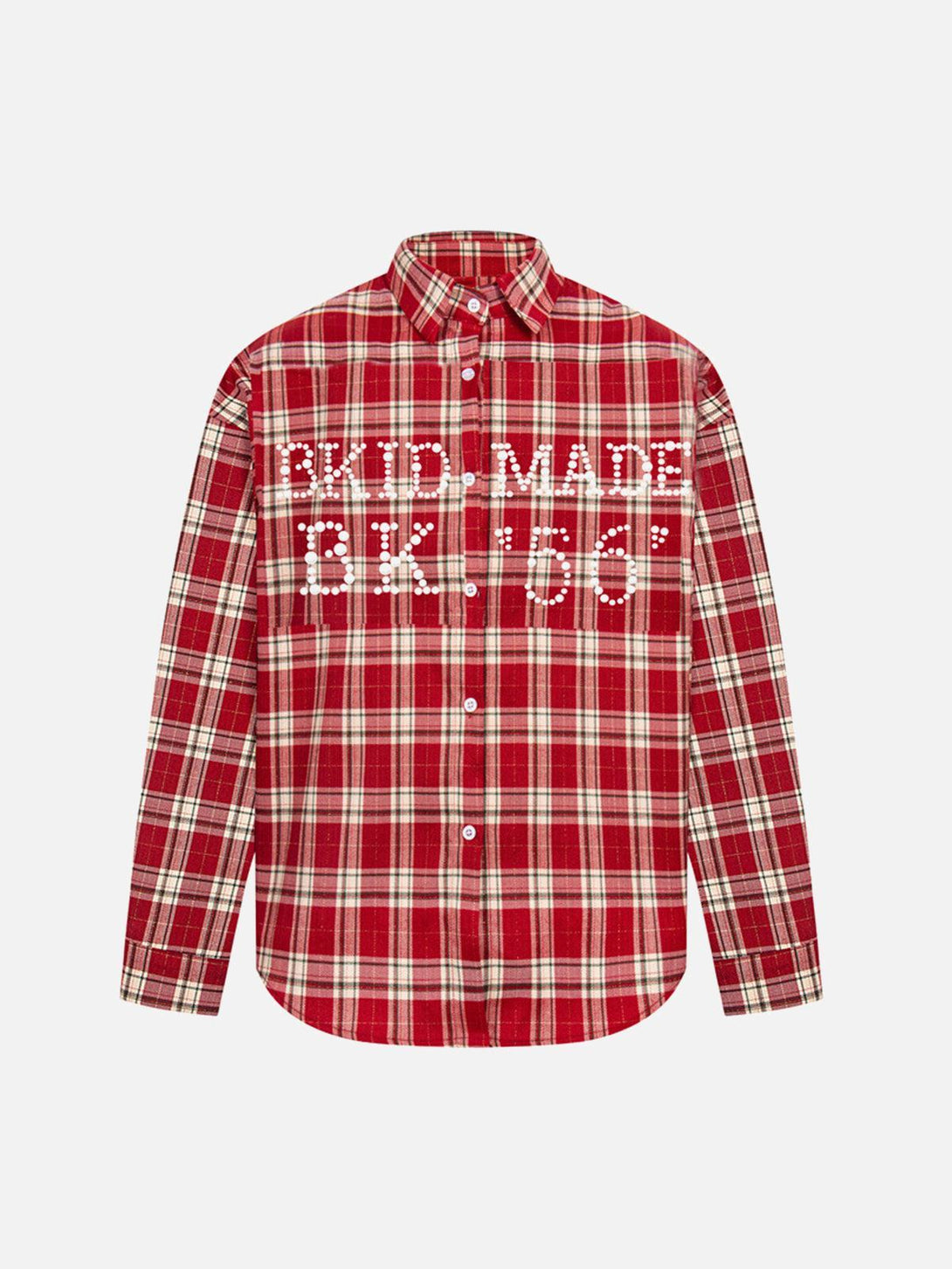 Front view of a red plaid long sleeve shirt by TALISHKO with bold white lettering design.