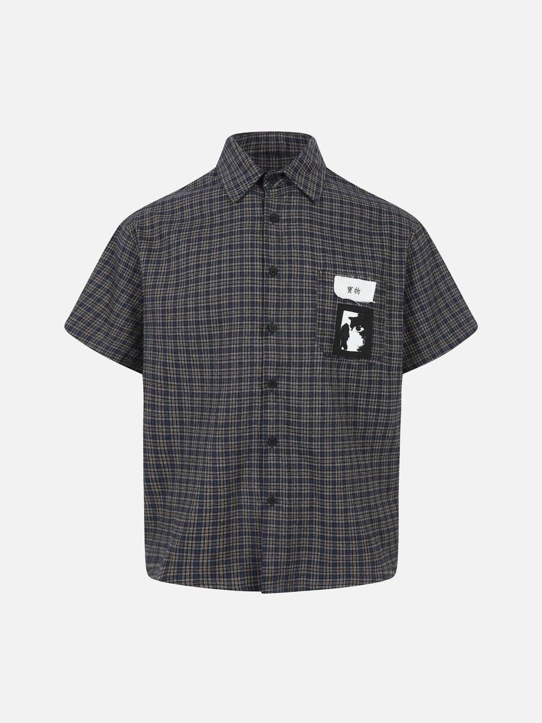 Front view of navy plaid short sleeve polo shirt with unique patch detail by TALISHKO.