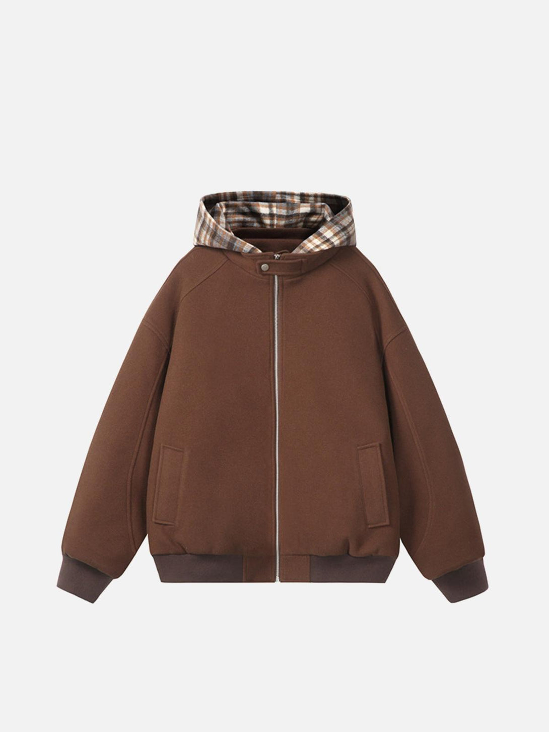 Front view of TALISHKO coffee hoodie with plaid panel hood, capturing a relaxed urban vibe.