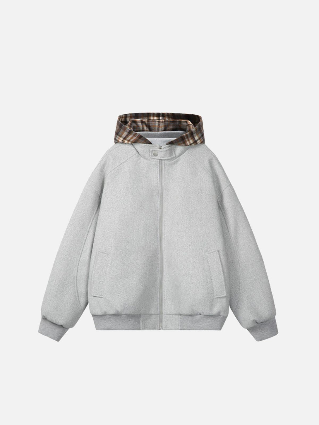 TALISHKO gray hoodie with plaid panel hood, front view showcasing its casual street style.