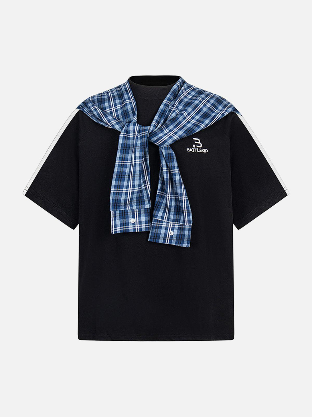 Black T-shirt with blue plaid scarf detail by TALISHKO, showcased in a front view.