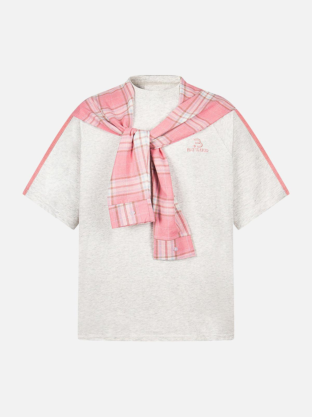 Gray T-shirt with pink plaid scarf detail by TALISHKO, displayed in a front view.