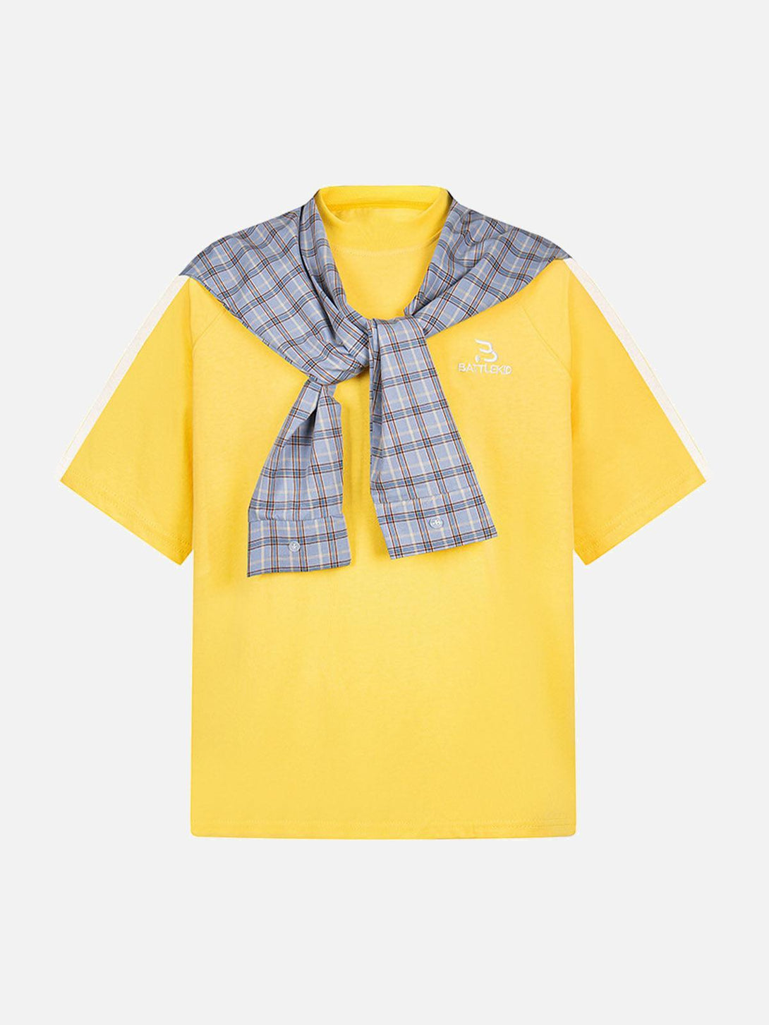 Yellow T-shirt with blue plaid scarf detail by TALISHKO, presented in a front view.