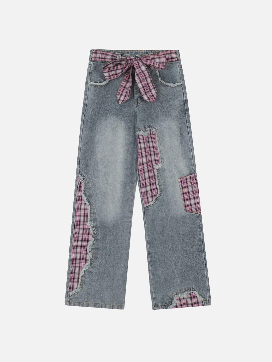 Front view of TALISHKO blue jeans with pink plaid patchwork and a bow, highlighting a trendy style.