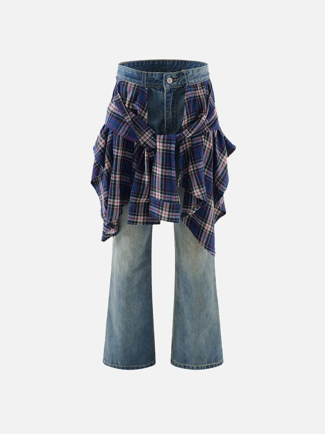 Front view of blue plaid patchwork jeans by TALISHKO, blending denim with a flannel wrap design.