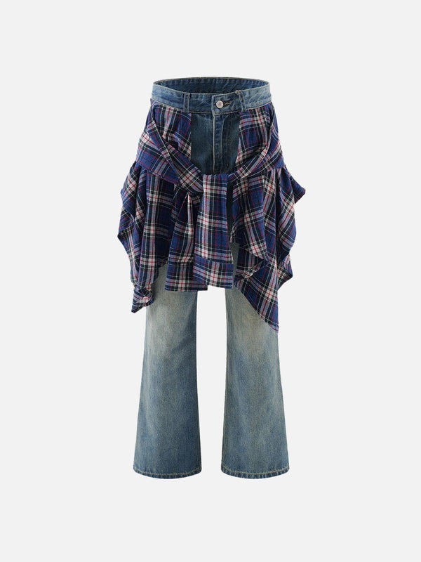 Front view of blue plaid patchwork jeans by TALISHKO, blending denim with a flannel wrap design.