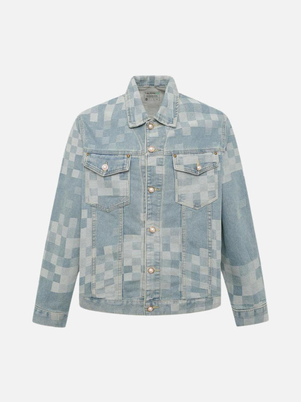 Front view of a blue plaid denim jacket with pearl buttons by TALISHKO, ideal for urban style.