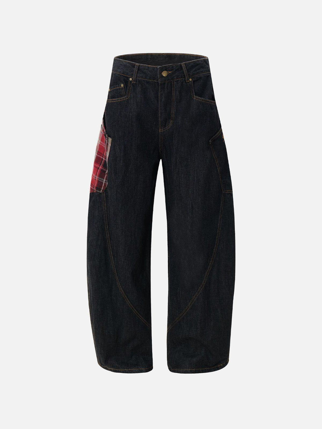 Front view of TALISHKO black barrel loose jeans with a plaid pocket detail for casual style.