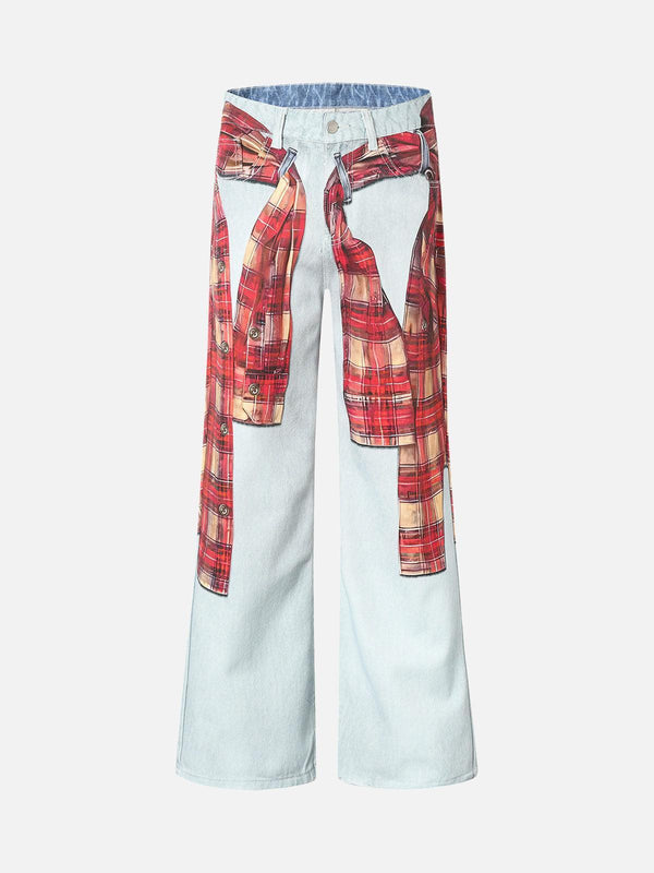 Front view of light blue baggy jeans with plaid print detail, designed by TALISHKO.