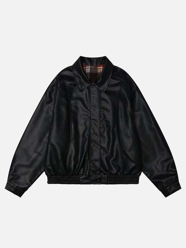 Front view of a black leather jacket by TALISHKO, featuring a plaid interior design.