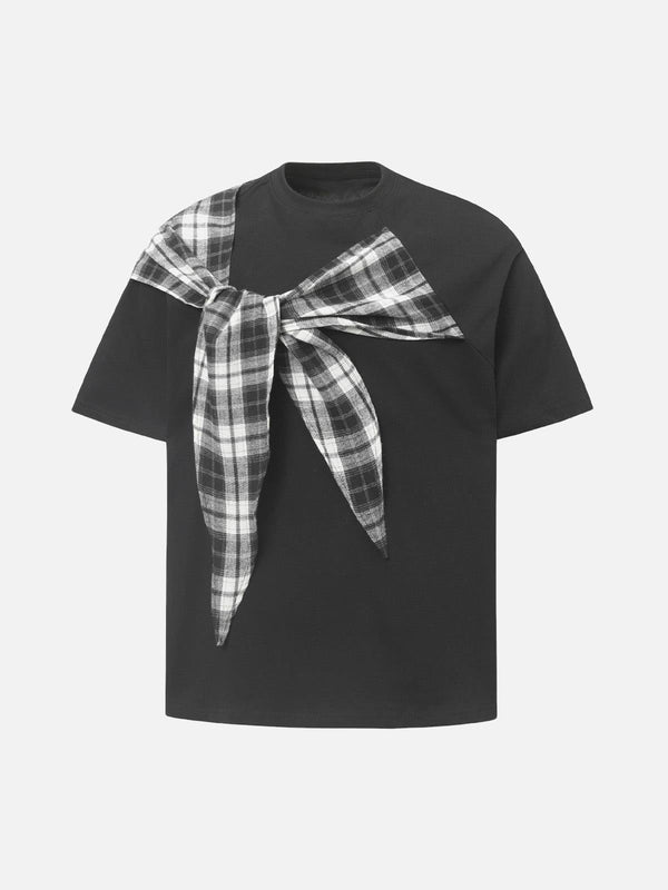 Front view of a black crew neck T-shirt with plaid scarf detail by TALISHKO, perfect for casual style.