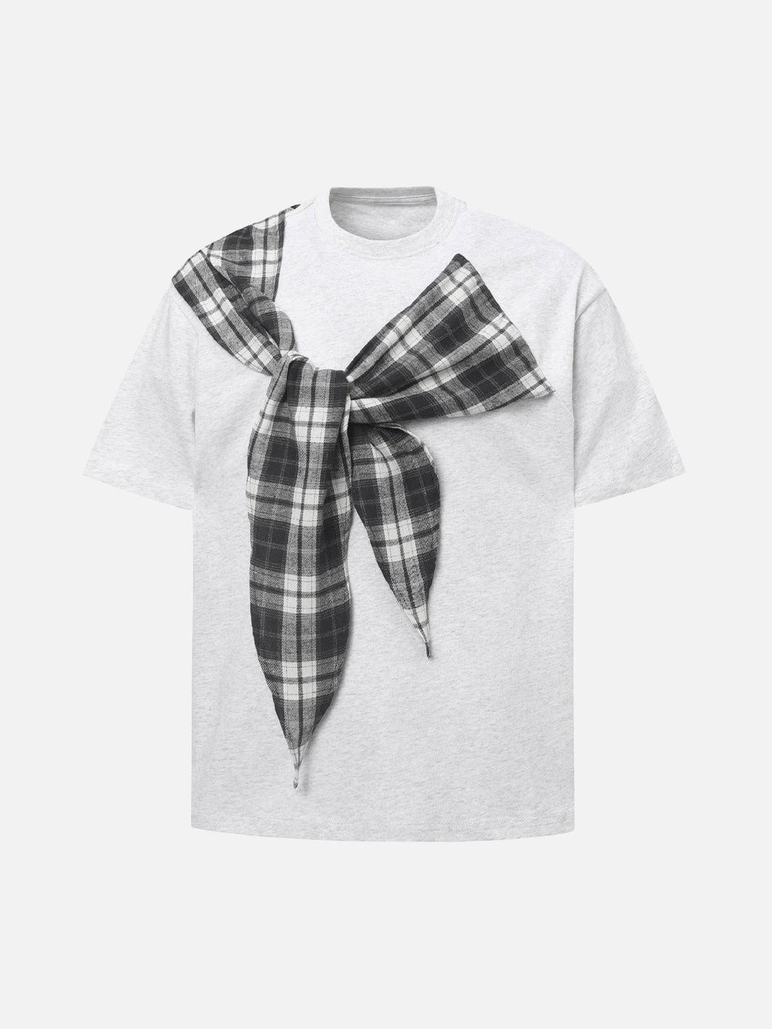 Front view of a gray crew neck T-shirt with plaid scarf detail, designed by TALISHKO.