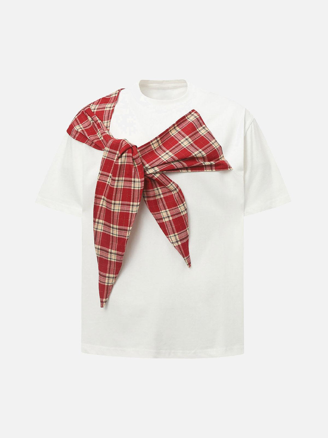 Front view of white crew neck T-shirt with red plaid scarf detail, designed by TALISHKO.