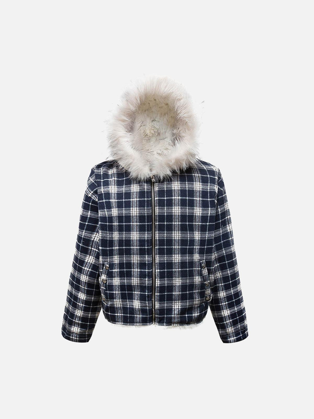 Front view of a blue plaid jacket with fur hood by TALISHKO, ideal for urban style trends.